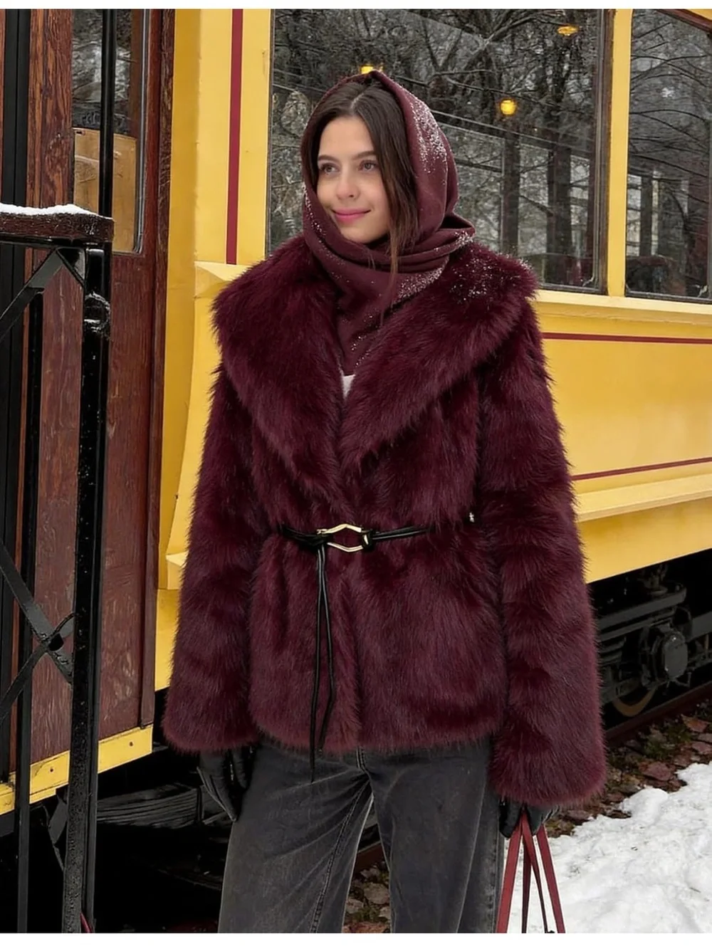 Women's Faux Fur Coat - Burgundy Plush belted Jacket